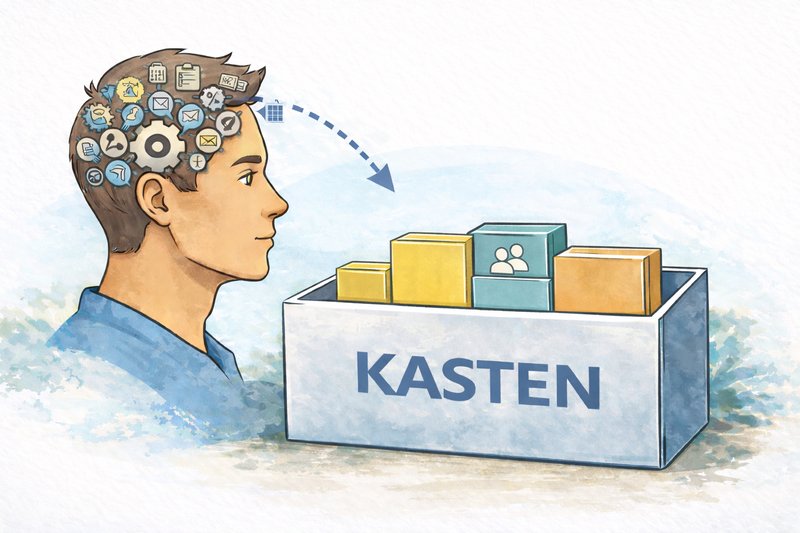 Illustration: Wissen aus dem Kopf in einen strukturierten Kasten überführen – Prozesse, Schnittstellen und Verantwortung